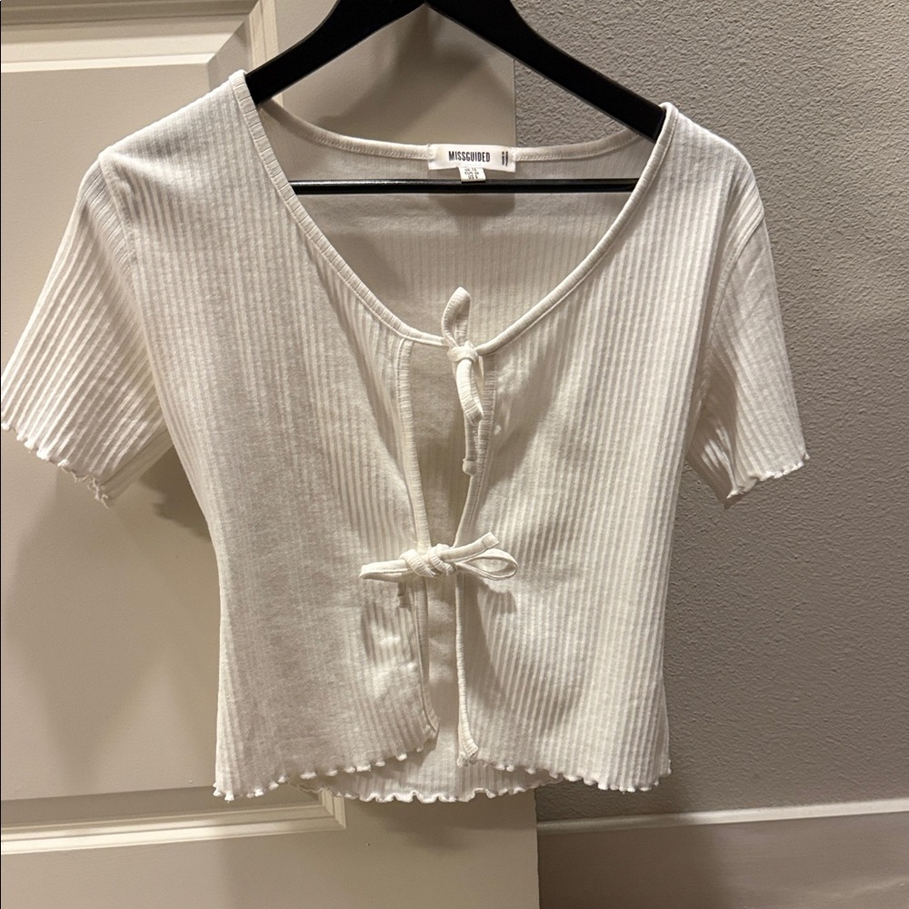 Missguided Ivory Ribbed Short Sleeve Tie-Front Top